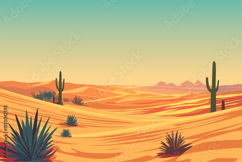 Cartoon desert with cacti and plants at sunrise, mountains in the distance, sand dunes, mountains of sand, parched climate, vect