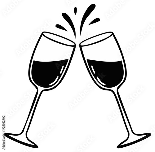 Two clinking wine glasses celebrating with dark red liquid splashing joyfully