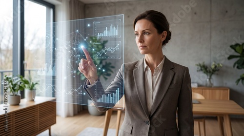Professional businesswoman analyzing financial data on a virtual screen in a modern office, representing business intelligence and future technology solutions.