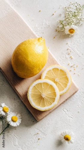 Fresh Lemon with Slices and White Flowers on Cutting Board