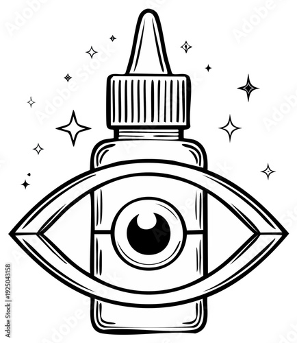 Eye Drop Bottle with Eye Graphic and Stars, Black and White Illustration