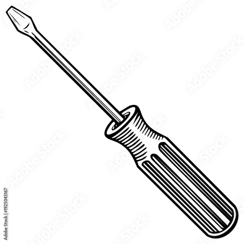 Classic flathead screwdriver with a ribbed handle and metal shaft in a simple line drawing style