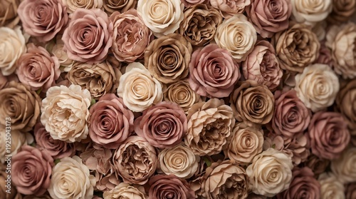Close-up of elegant artificial roses forming a beautiful floral background texture, perfect for romantic or wedding designs, with natural soft lighting.