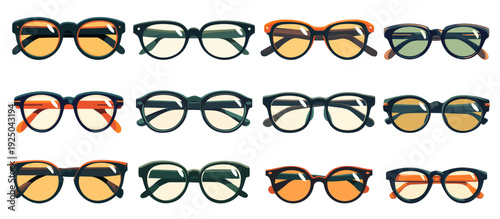 Cartoon set of plastic glasses of different shapes and colors, fashion accessory, eyeglasses, fashion element, plastic frame, vector illustration