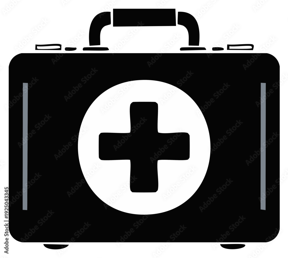 Obraz premium Simple black first aid kit with medical cross symbol. Minimalist vector icon for emergency healthcare and safety.
