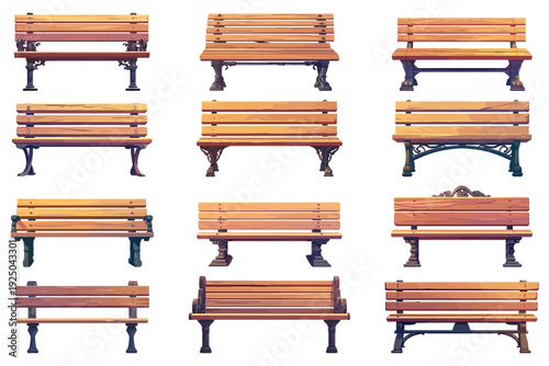 Cartoon set of village park benches, different designs and shapes, park elements, city, recreation, seat, handrails, metal, vector illustration