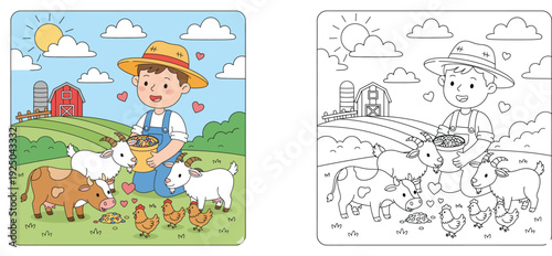 Cute Farm Animals Coloring Page with Young Farmer Boy, Cow, Goats, and Chickens in a Sunny Barnyard Landscape – Educational Illustration for Kids Activities