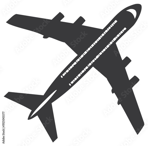 Airplane silhouette, overhead view of an aircraft with wings and tail, passenger seats.