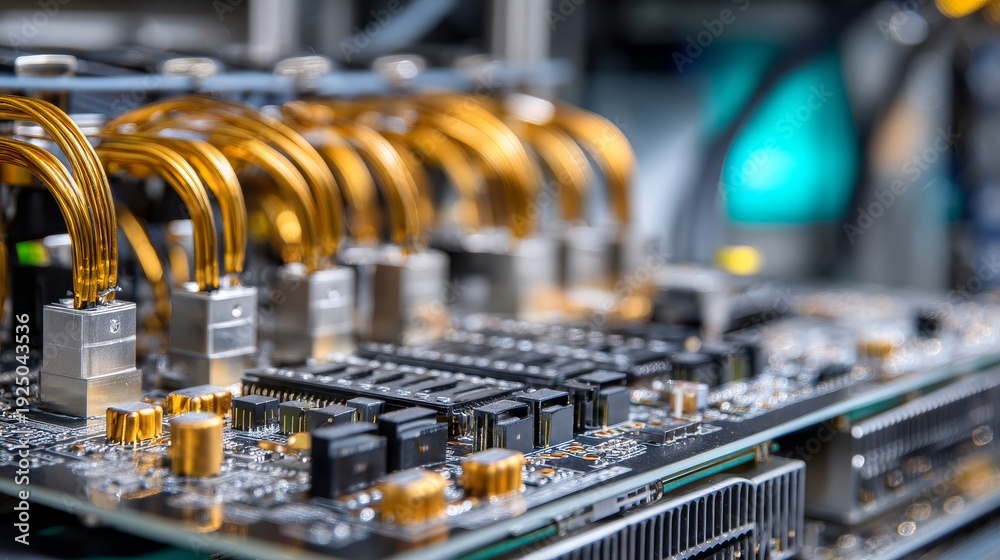 Naklejka premium A computer board with many wires and gold colored connectors