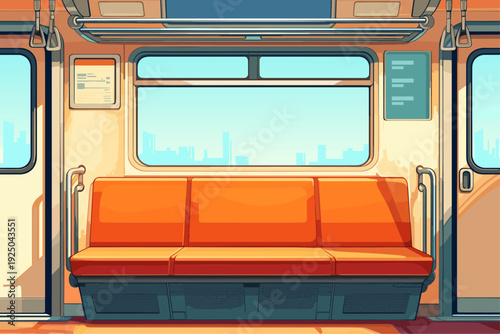 Interior of a cartoon subway car, train, city, panorama, view, bench, transport, transit, handles, doors, trip, beautiful, inside, metal, vector illustration