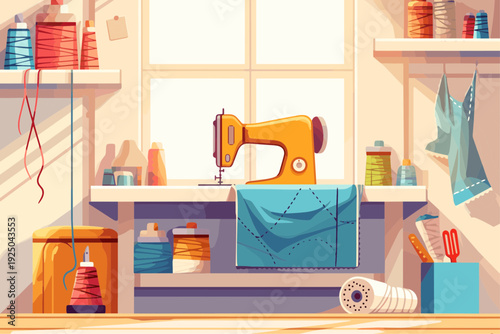 Interior of a cartoon tailors room with equipment and materials, a sewing machine on a windowsill, skeins of thread, tailor tools, working with fabric, embroidery, vector illustration