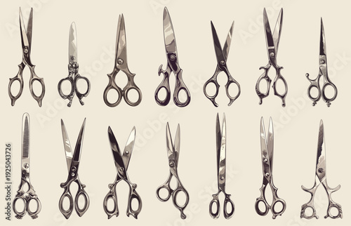 Set of antique vintage scissors, barber, tailor, cosmetic, cutting, iron blades, different types and shapes, hand tool, vector illustration