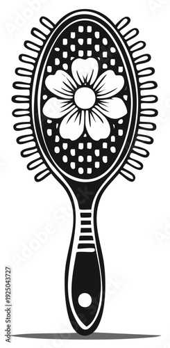 Black and white illustration of a hair brush with floral design.