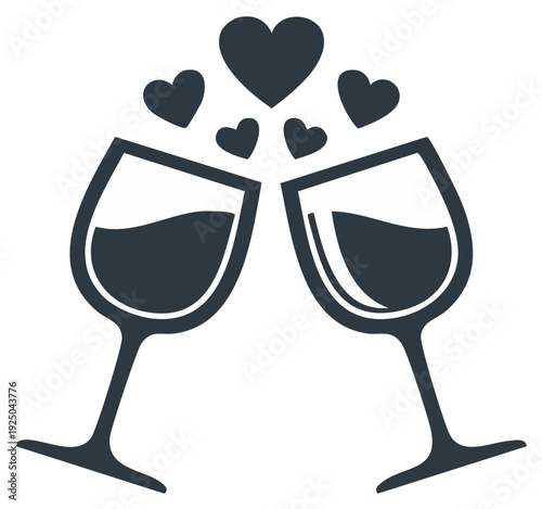 Clinking wine glasses with love hearts icon for a romantic celebration or date night
