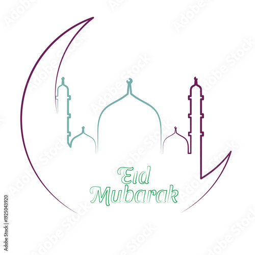 Eid Mubarak greeting card with elegant mosque vector illustration and decorative wine, heart, and floral design elements