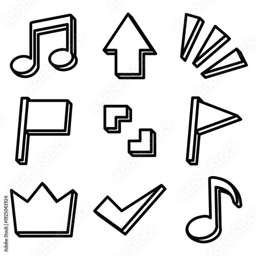 厚みのある線画の音符・王冠・矢印素材