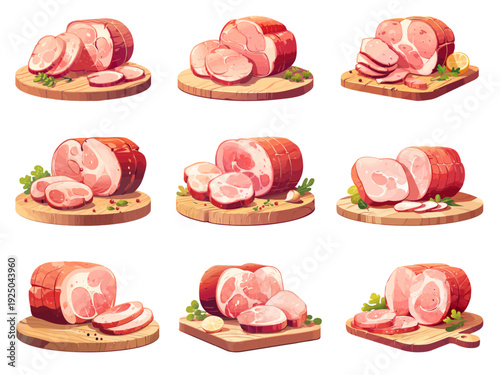 Set of cartoon cutting boards with pieces of ham and slices, decorated with vegetables, leaves, wooden cutting board round and square, vector illustration