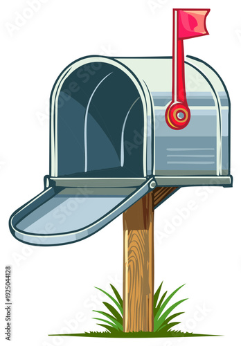 Cartoon mailbox illustration with flag up on a wooden post surrounded by green grass in the yard signaling mail is ready