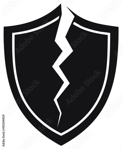 Black and white vector icon of a cracked shield symbolizing broken protection security failure and vulnerability