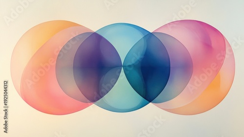 Geometric abstraction featuring three overlapping ovals in pastel tones with smooth gradients arranged in a horizontal layout for visual study and exploration