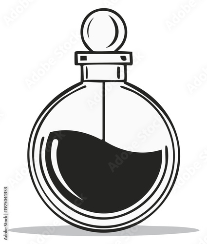 Elegant Circular Perfume Bottle with Dark Liquid and Stylized Cap Vector Illustration