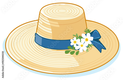 Classic boater straw hat adorned with a vibrant blue ribbon and delicate white daisy flowers