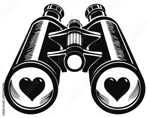 Binoculars with heart shapes, for romance, love and observation concept.