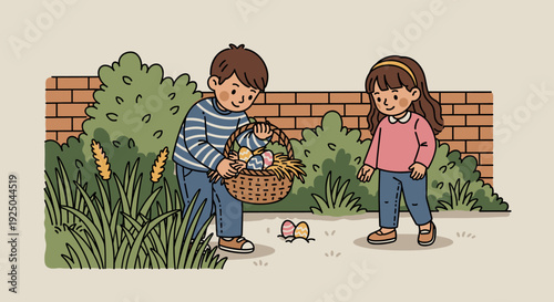 Two children collecting colorful eggs in a basket while enjoying a sunny day in a green garden, in a playful cartoon vector style, ideal for spring-themed projects