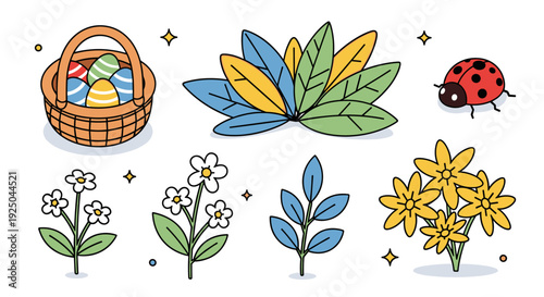 A colorful illustration featuring an Easter basket with eggs, flowers, leaves, and a ladybug in flat vector style, perfect for spring-themed designs