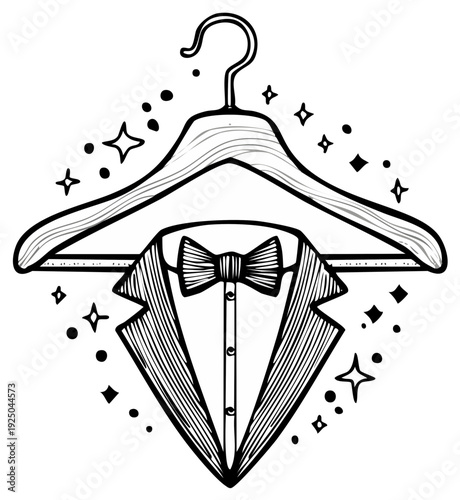 Tuxedo with Bow Tie Hanging on Wooden Clothes Hanger Surrounded by Sparkles and Stars