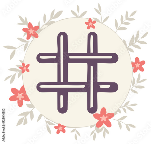 Hashtag symbol in floral circle frame for digital marketing social media