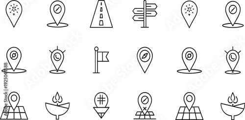 Navigation Map Pin, Compass, Road, Direction Sign and Route Marker Line Icon Set for Travel and GPS Design