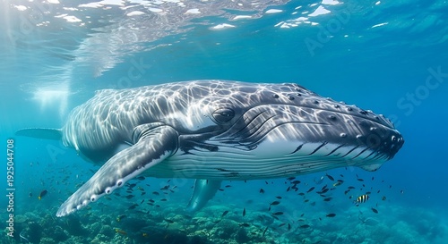 Majestic humpback whale swims gracefully beneath sunlit ocean surface near a vibrant coral reef teeming with small tropical fish in clear blue water environment