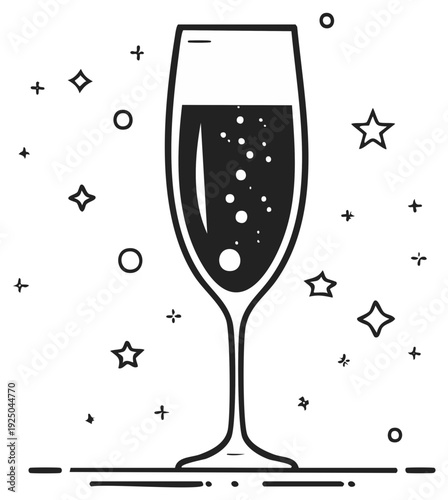 Champagne glass illustration with bubbles and star shapes, celebration concept