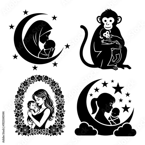 Moon stars hijab mother and monkey motherhood silhouette icon bundle