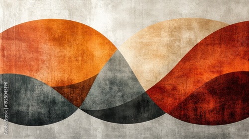 Geometric abstraction with overlapping ovals in warm colors on light grey background creates visual interest and depth in modern design