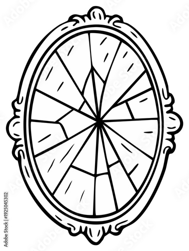 Ornate oval mirror with a shattered reflective surface in a simple line drawing style