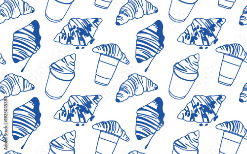 Blue line art seamless pattern with croissants and coffee cups. Outline sketch texture