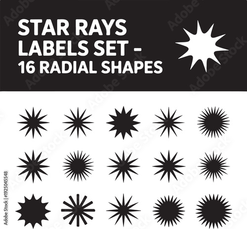 Star rays - Set of Retro Sun burst shapes. Vector stars and sparkle silhouettes classic design elements. Vintage sun ray frames, quality signs, sale icons for design project. Isolated on white