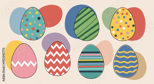 A collection of colorful Easter eggs with various patterns and designs in flat vector style, perfect for spring-themed projects