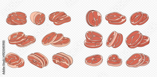Set of fresh raw meat cuts, beef, pork, and lamb steaks, chops, and ground meat illustrations.