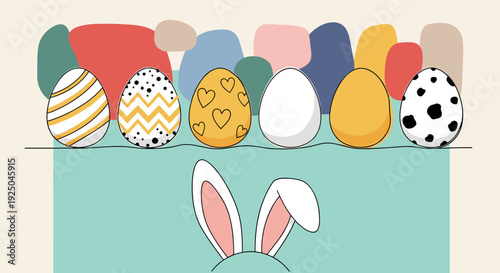 A collection of colorful decorated Easter eggs with a cute bunny face in minimalist vector style, perfect for spring holiday designs