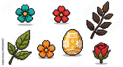 A collection of pixel art flowers, leaves, and decorative Easter eggs in vibrant colors, suitable for spring-themed designs