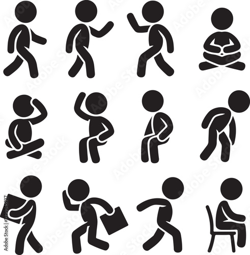 stick figure people pictogram, set of human silhouettes, man icon, various poses, gestures and movements