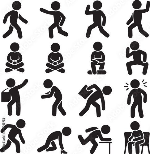 stick figure people pictogram, set of human silhouettes, man icon, various poses, gestures and movements