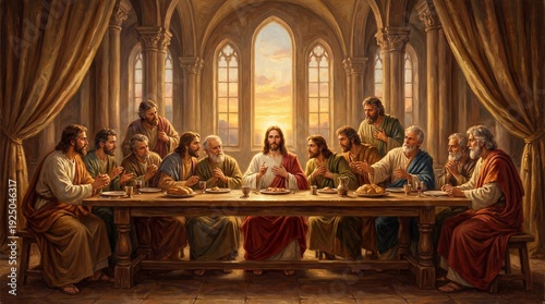 Jesus Christ and His Disciples Share The Last Supper in a Grand Hall with Radiant Sunset Light