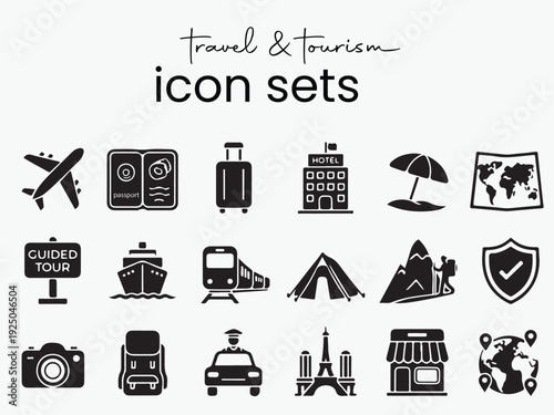 Minimalist Travel and Tourism Icon Set - Monochrome Flat Line Icons for Vacation and Adventure