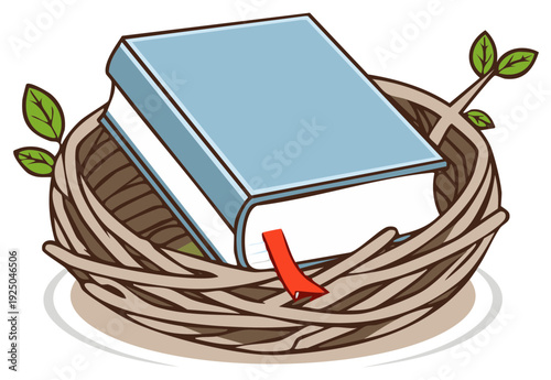 Open book with blue cover resting in a bird's nest adorned with green leaves and twigs