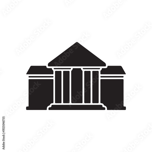 Simple black and white illustration of a building with columns and triangular roof  architectural icon