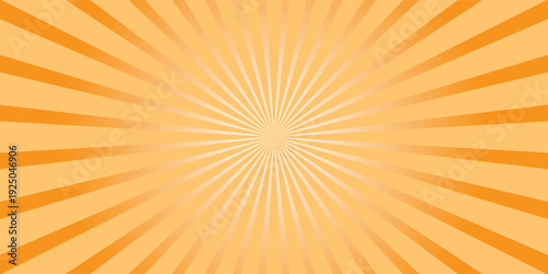 Orange stripes burst lines background. Sun ray light. Radiate sunlight. Vintage stripes halftone radial wallpaper for poster, banner.Circus background of spiral yellow orange rays vector.